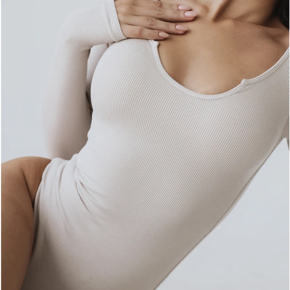Cream Ribbed Long Sleeve Bodysuit